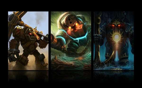 HD PC desktop wallpaper featuring Nautilus from the video game League of Legends in three dynamic, detailed action poses.