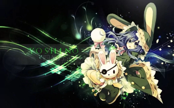 HD desktop wallpaper featuring Yoshino from the anime Date A Live, with vibrant green and dark colors, abstract swirls, and Yoshino in her iconic rabbit-themed outfit holding her stuffed rabbit.