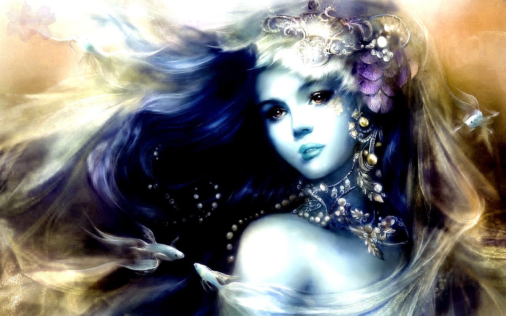 HD fantasy PC desktop wallpaper featuring an ethereal woman with flowing hair adorned with flowers and intricate jewelry, set against a dreamlike, misty background.
