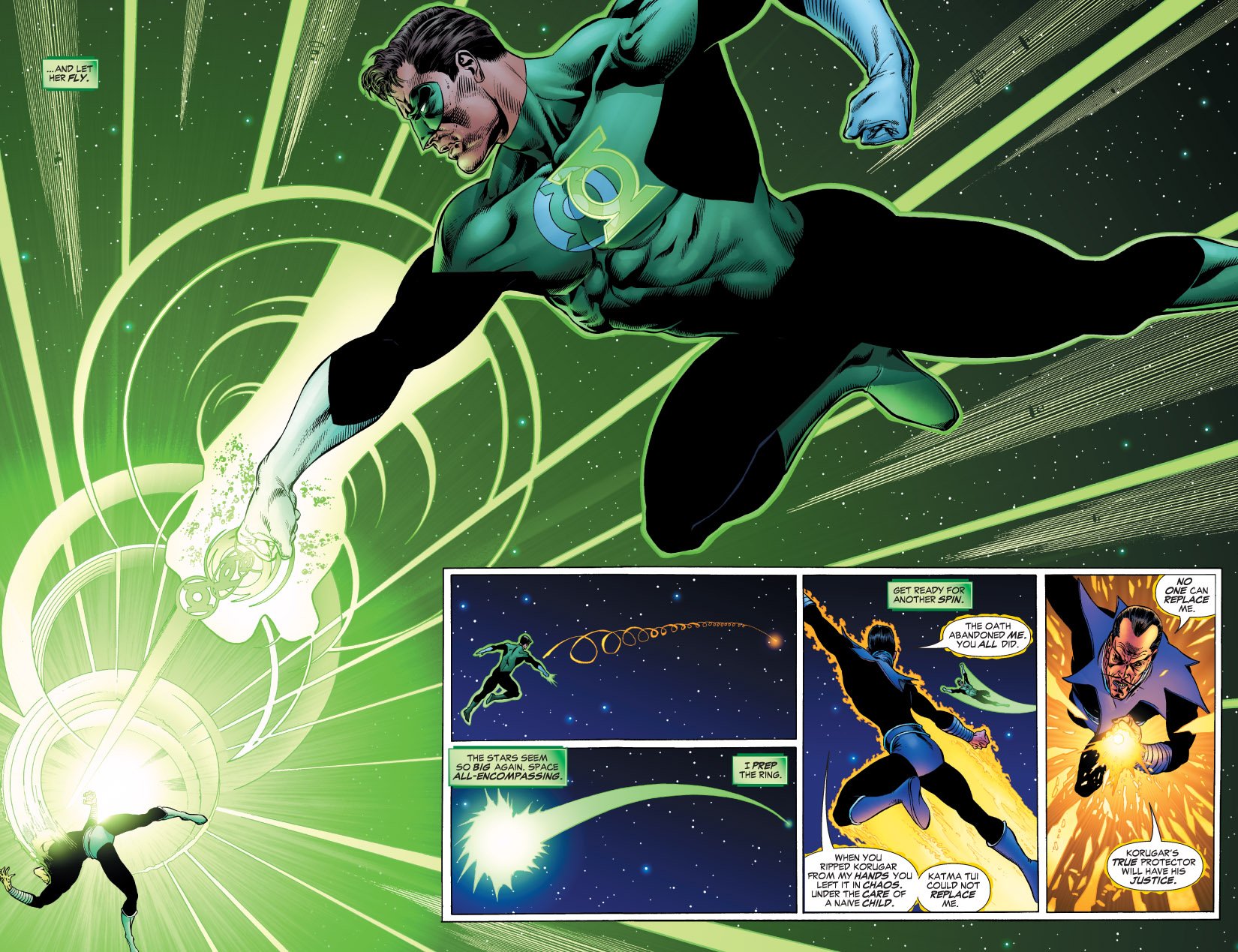 Green Lantern flies, ring blazing green energy in a vivid Green Lantern: Rebirth comic splash; HD PC desktop wallpaper with additional comic panels across the bottom.