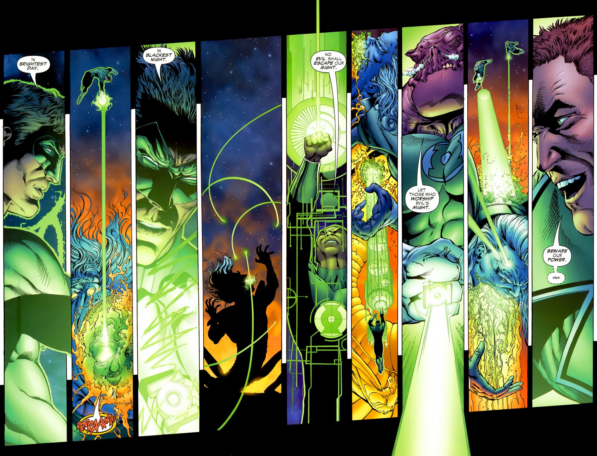Green Lantern comic collage from Green Lantern: Rebirth—vertical panels of Hal Jordan wielding the power ring and energy constructs. 2K Quad HD PC desktop wallpaper/background.