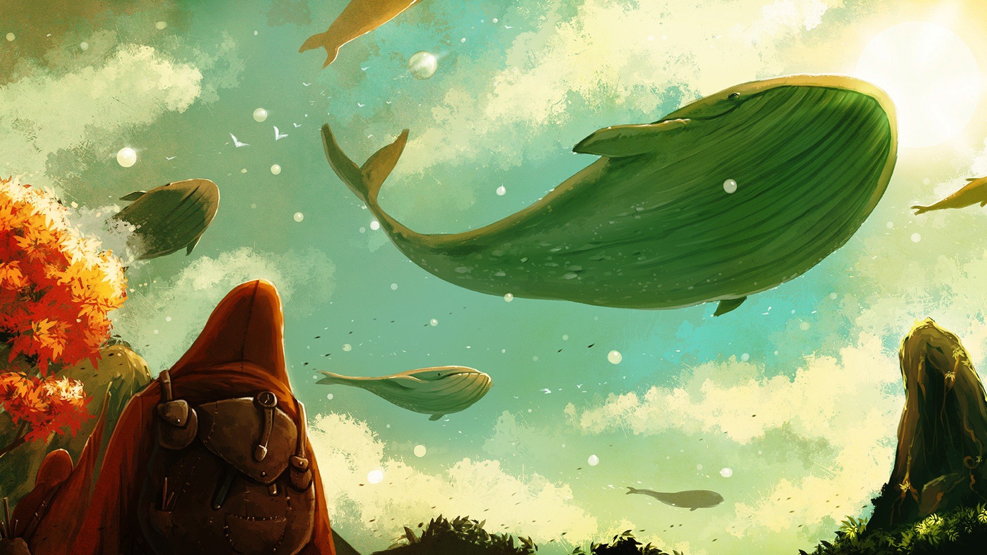 HD desktop wallpaper featuring a whimsical scene with a large, illustrated whale and smaller fish swimming through a sky dotted with clouds.