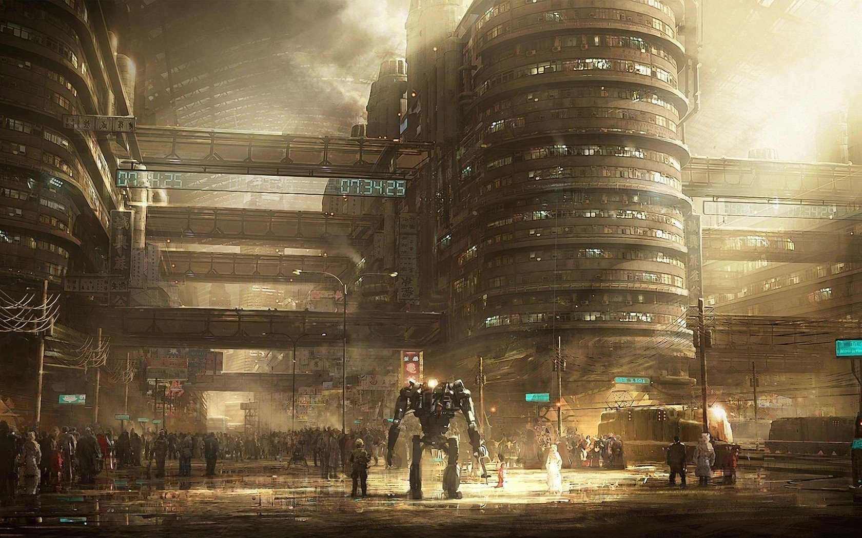 A futuristic sci-fi cityscape featuring towering structures, bustling crowds, and a giant robotic figure, showcasing an atmospheric blend of technology and urban life.