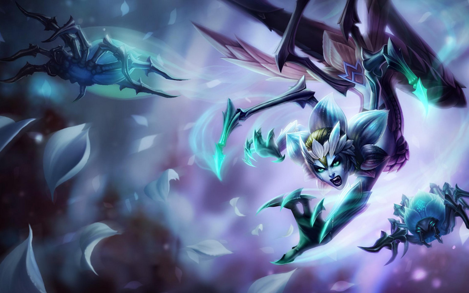 HD PC desktop wallpaper featuring Elise, a character from the video game League of Legends, depicted in a dark, eerie, and dynamic scene.