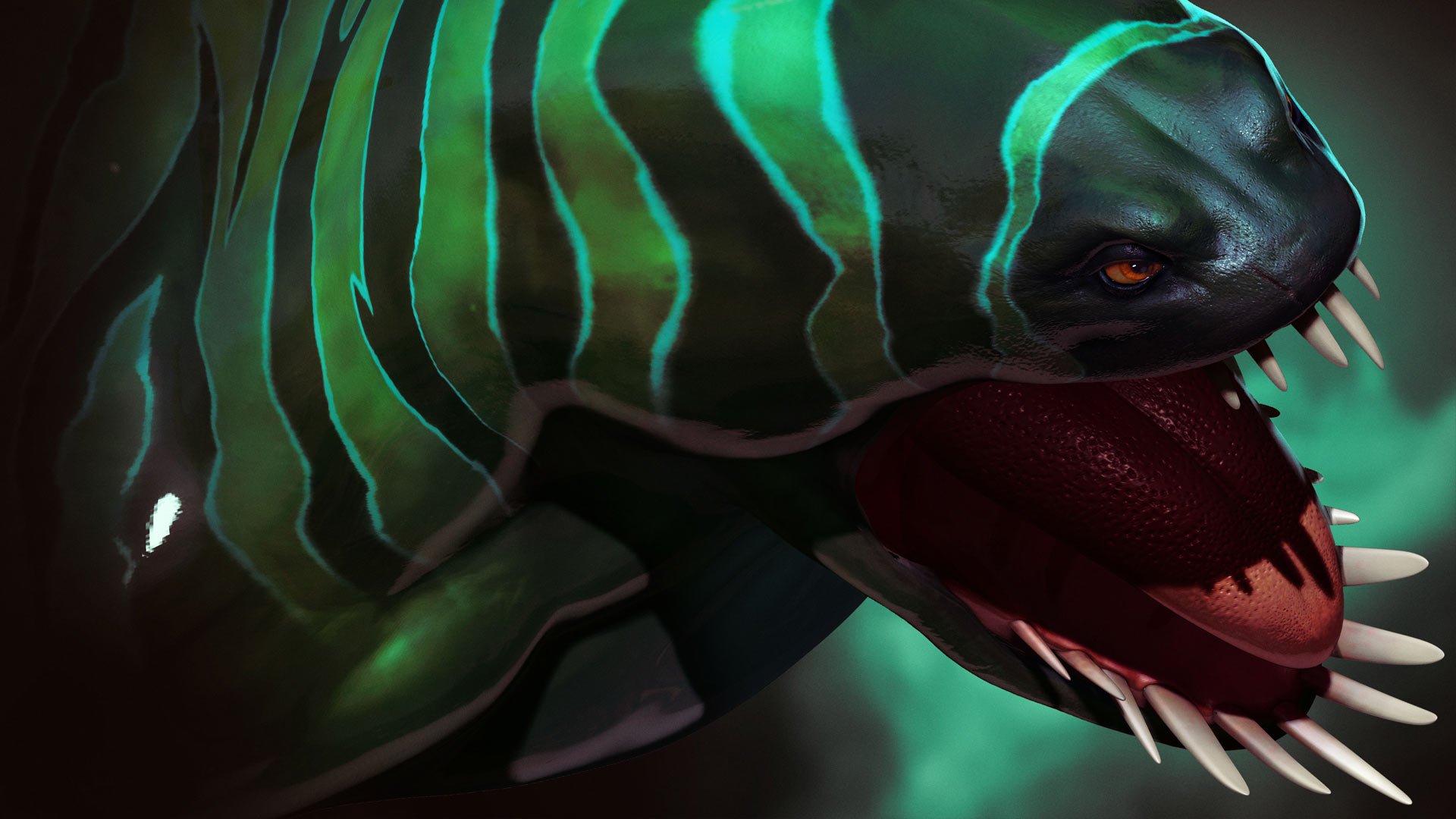 HD PC desktop wallpaper of a fierce, glowing green sea creature from the video game DotA 2, showcasing vivid details and an intense, dark underwater atmosphere.