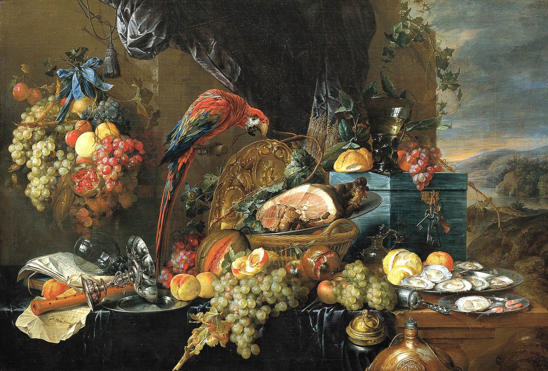 Artistic painting of a classic still life with fruit, seafood, and a parrot, rendered in rich detail for HD PC desktop wallpaper and background.