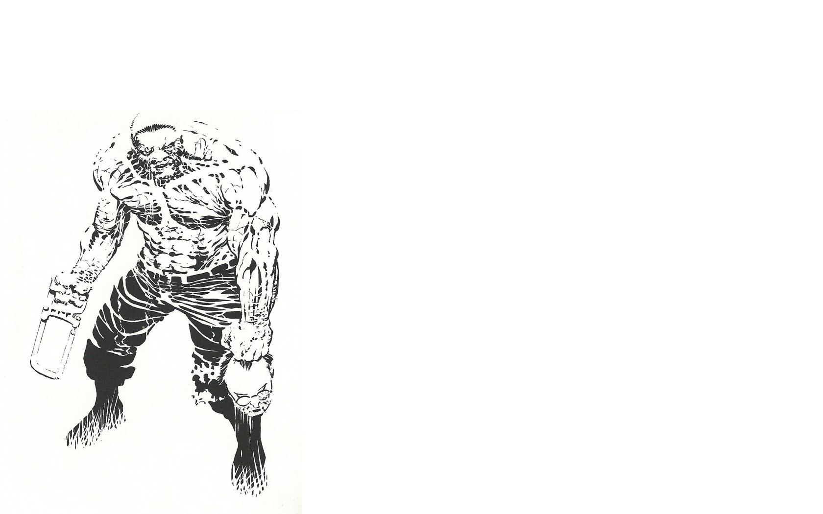 Sin City comic HD PC desktop wallpaper: stark black-and-white sketch of a hulking, scarred man clutching a bottle, positioned left on a wide white background.