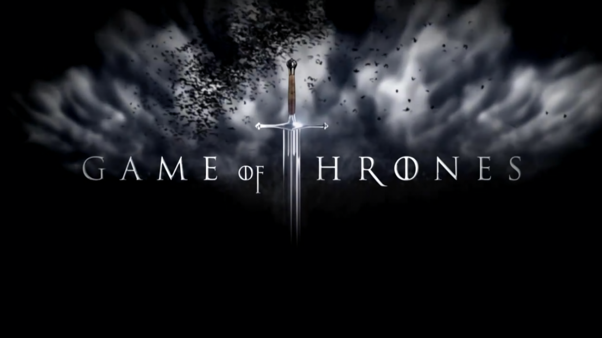 A dramatic HD desktop wallpaper featuring the iconic Game of Thrones logo, with a sword at the center amidst swirling dark clouds, evoking the show's epic fantasy theme.