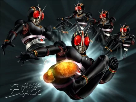 HD PC desktop wallpaper featuring multiple dynamic poses of Kamen Rider characters from the TV show, highlighted against a dark, glowing background.