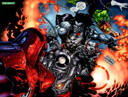 Lobo from DC Comics rides a motorcycle amidst flames, showcasing his Red Lantern and Green Lantern affiliations in this action-packed comic scene featuring the Omega Men.