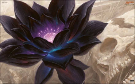 Man-made Magic: The Gathering 2K Quad HD PC desktop wallpaper: a glowing purple-black lotus blooms beside a bleached skull on a textured beige background.