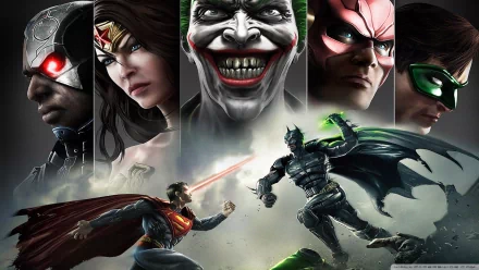 HD wallpaper featuring characters from DC Comics, including Cyborg, Flash, Wonder Woman, Superman, Joker, and Batman, showcasing intense action from the game Injustice: Gods Among Us.