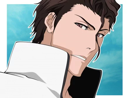A striking HD desktop wallpaper featuring Sōsuke Aizen from the anime Bleach, showcasing his intense expression against a vibrant blue background.