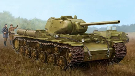 HD desktop wallpaper featuring a detailed illustration of a Kliment Voroshilov military tank positioned in a grassy field with soldiers in the background.