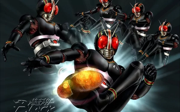 HD PC desktop wallpaper featuring multiple dynamic poses of Kamen Rider characters from the TV show, highlighted against a dark, glowing background.