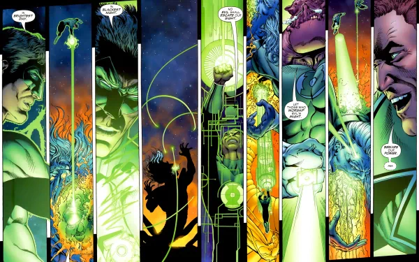 Green Lantern comic collage from Green Lantern: Rebirth—vertical panels of Hal Jordan wielding the power ring and energy constructs. 2K Quad HD PC desktop wallpaper/background.