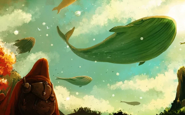 HD desktop wallpaper featuring a whimsical scene with a large, illustrated whale and smaller fish swimming through a sky dotted with clouds.