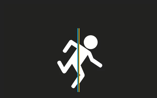 A minimalist HD PC desktop wallpaper featuring a Portal-themed design, showcasing a stylized figure moving through a portal against a dark background.