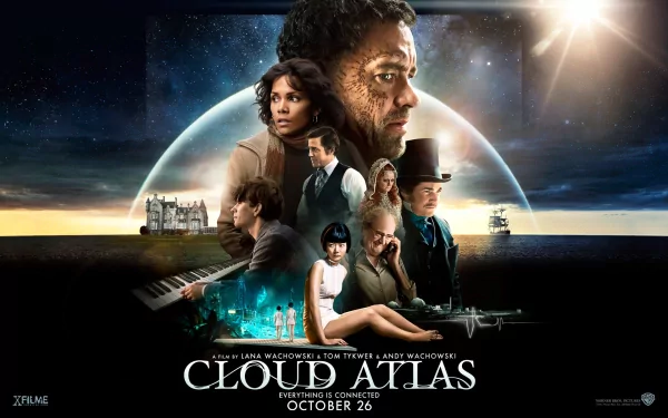 HD desktop wallpaper featuring the movie Cloud Atlas, showcasing key characters against a cosmic and futuristic backdrop with the film's title and release date.