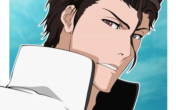 A striking HD desktop wallpaper featuring Sōsuke Aizen from the anime Bleach, showcasing his intense expression against a vibrant blue background.
