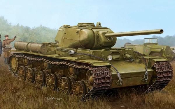 HD desktop wallpaper featuring a detailed illustration of a Kliment Voroshilov military tank positioned in a grassy field with soldiers in the background.