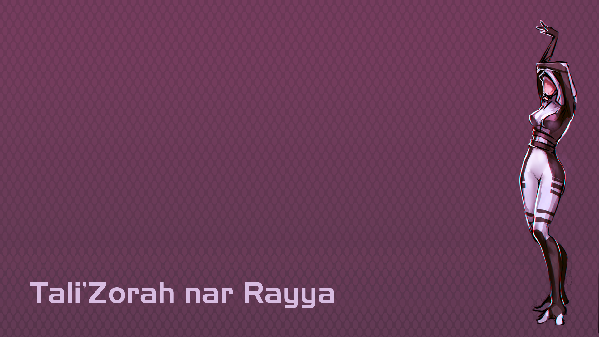 HD desktop wallpaper featuring Tali'Zorah from the video game Mass Effect, showcasing her iconic design against a simple purple background.