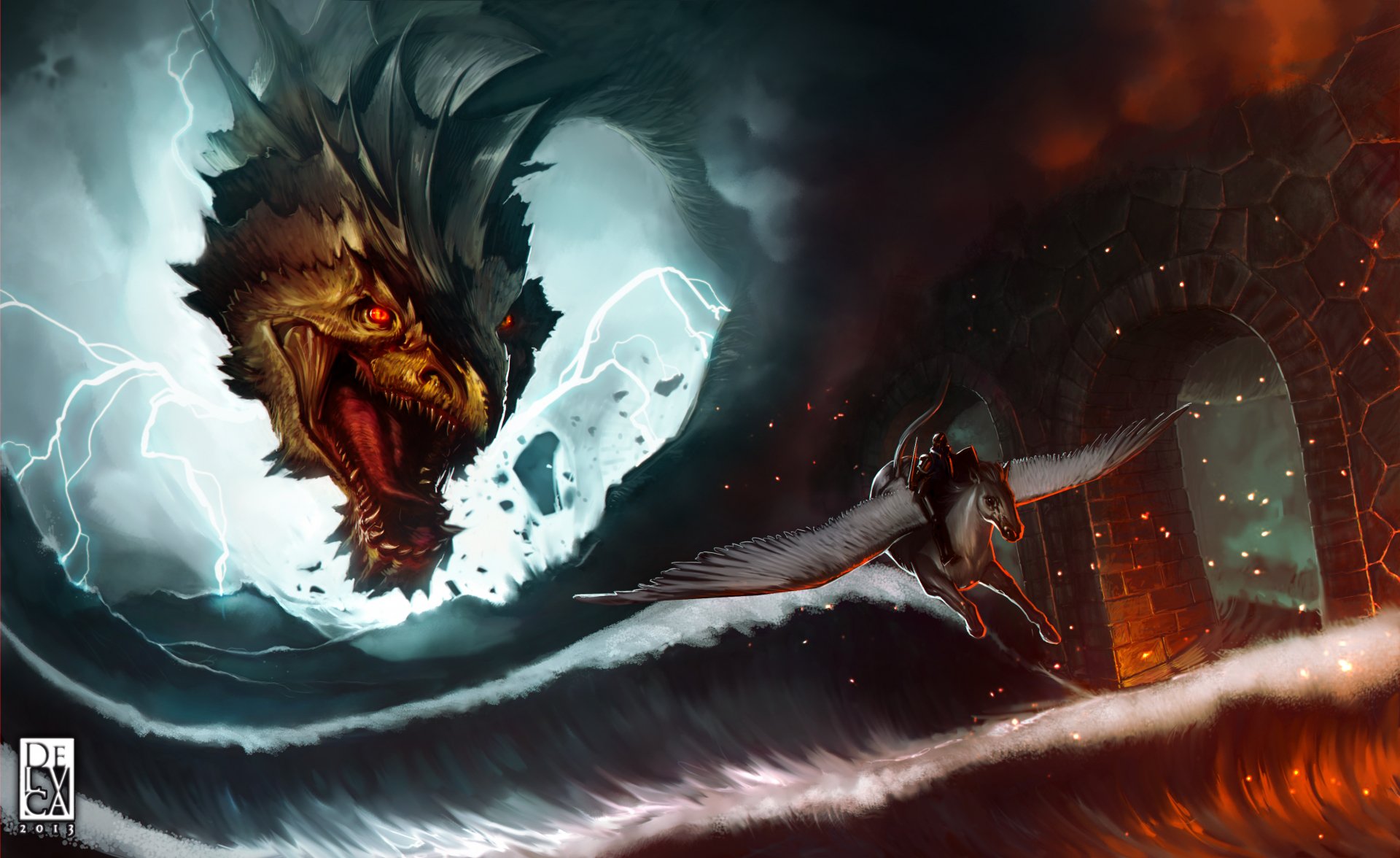 4K Ultra HD PC desktop wallpaper: fantasy dragon — colossal storm-dragon roaring lightning as a winged rider soars past fiery ruins beneath a turbulent, nightmarish sky.