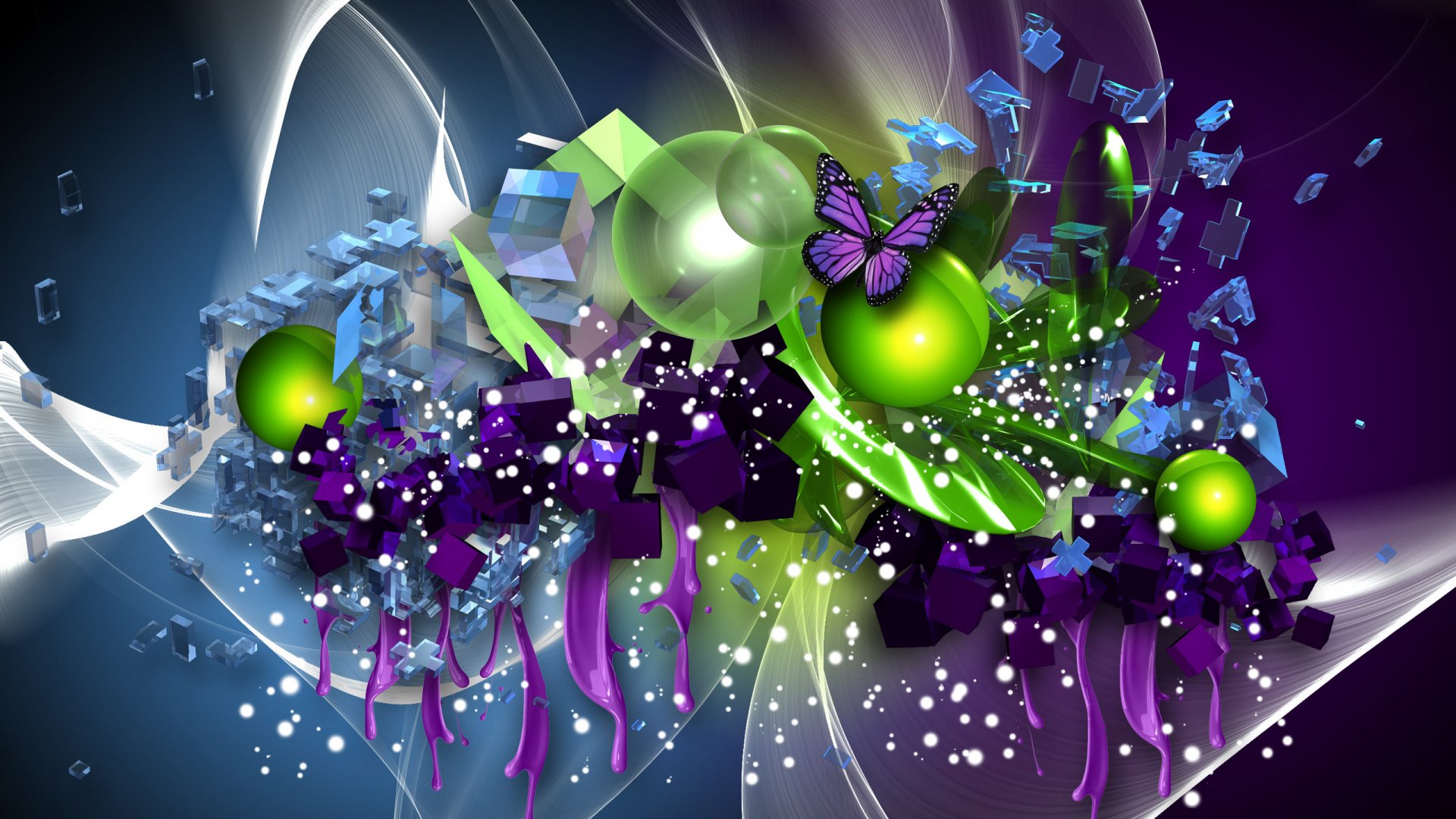 An artistic abstract image featuring vibrant green spheres, dynamic shapes, and a butterfly, creating a colorful and engaging HD desktop wallpaper and background.