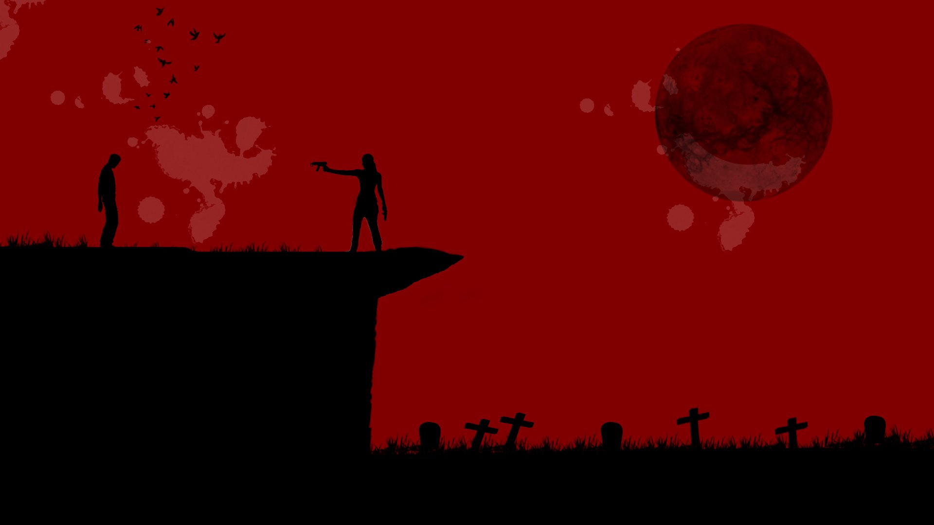 Dark, eerie HD PC desktop wallpaper featuring two silhouetted zombies on a cliff against a blood-red sky with a large moon and graveyard crosses below.