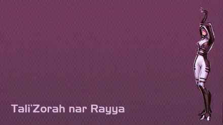 HD desktop wallpaper featuring Tali'Zorah from the video game Mass Effect, showcasing her iconic design against a simple purple background.