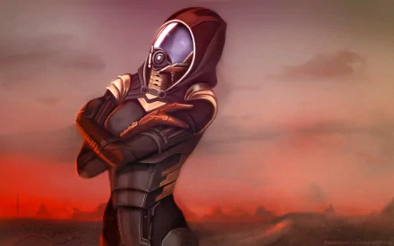 HD PC desktop wallpaper featuring Tali'Zorah from the video game Mass Effect, showcasing her iconic armored suit and hood against a warm, muted background.