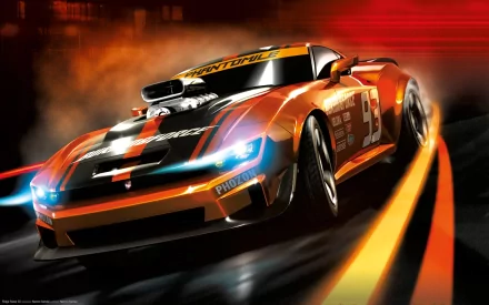 Ridge Racer video game 2K Quad HD PC desktop wallpaper: orange muscle car drifting at high speed with glowing headlights, motion blur, streaks of light and smoky tire smoke.