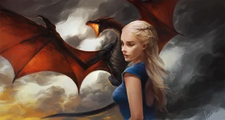 A striking HD wallpaper featuring Daenerys Targaryen from Game of Thrones, with her iconic silver hair and a dragon soaring behind her against a dramatic sky.