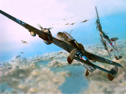 4K Ultra HD PC desktop wallpaper: military aerial dogfight featuring a Messerschmitt Bf 110 leading twin-engine fighters diving through clouds against distant aircraft.