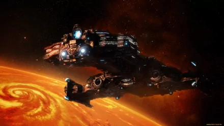 HD PC desktop wallpaper featuring a detailed spaceship from the video game StarCraft II: Wings of Liberty against a fiery orange planetary background.