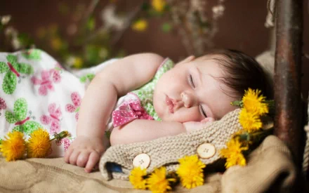 A high-definition wallpaper featuring a serene photograph of a sleeping child, surrounded by yellow flowers and resting on a cozy knitted blanket, encapsulating an atmosphere of peace and innocence.
