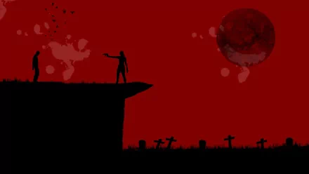 Dark, eerie HD PC desktop wallpaper featuring two silhouetted zombies on a cliff against a blood-red sky with a large moon and graveyard crosses below.