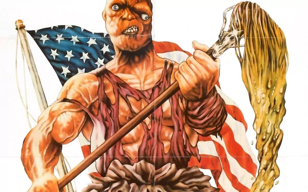 HD PC desktop wallpaper background: movie image of The Toxic Avenger clutching a sludge-soaked mop in front of a tattered American flag.
