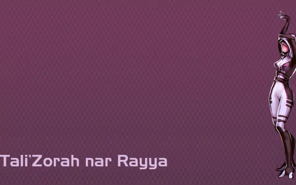 HD desktop wallpaper featuring Tali'Zorah from the video game Mass Effect, showcasing her iconic design against a simple purple background.