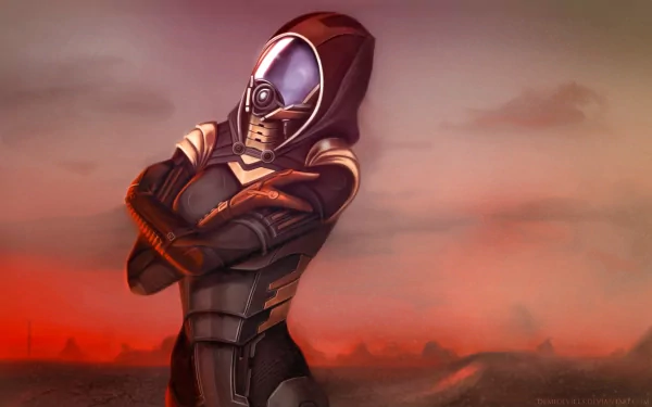 HD PC desktop wallpaper featuring Tali'Zorah from the video game Mass Effect, showcasing her iconic armored suit and hood against a warm, muted background.