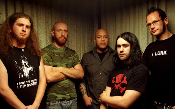 A high-definition wallpaper featuring the band Killswitch Engage, showcasing the five members standing confidently together in a dimly lit setting.