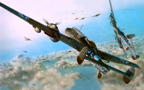 4K Ultra HD PC desktop wallpaper: military aerial dogfight featuring a Messerschmitt Bf 110 leading twin-engine fighters diving through clouds against distant aircraft.