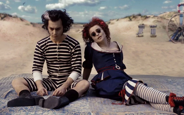 A striking HD wallpaper featuring Johnny Depp and Helena Bonham Carter in their roles from Sweeney Todd: The Demon Barber of Fleet Street in Concert, set against a whimsical backdrop.