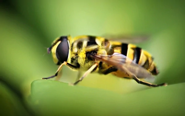 Close-up HD desktop wallpaper of a hoverfly resting on a vibrant green leaf, showcasing detailed black and yellow markings.