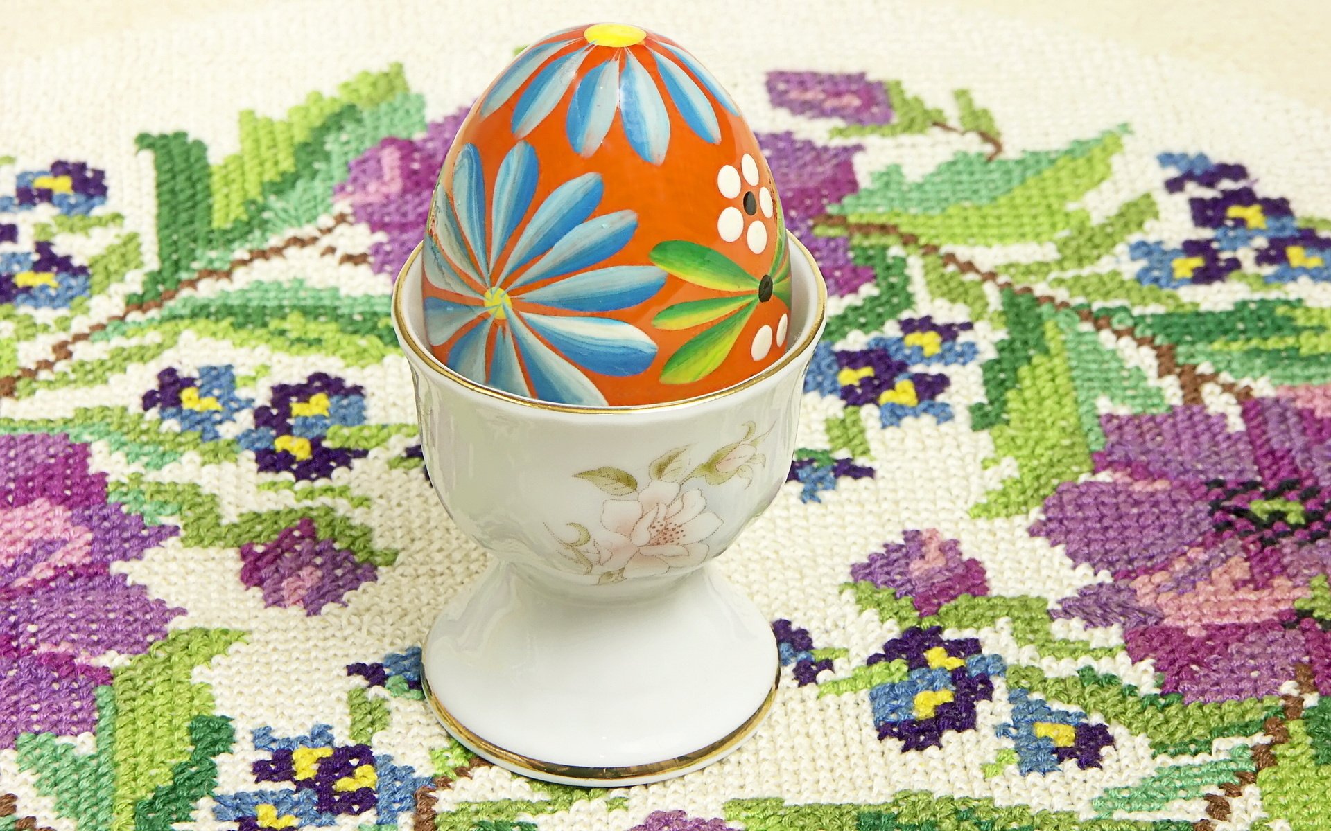 A vibrant, hand-painted Easter egg sits in a delicate egg cup on a floral embroidered background, creating a festive holiday scene. This HD wallpaper captures the spirit of Easter beautifully.