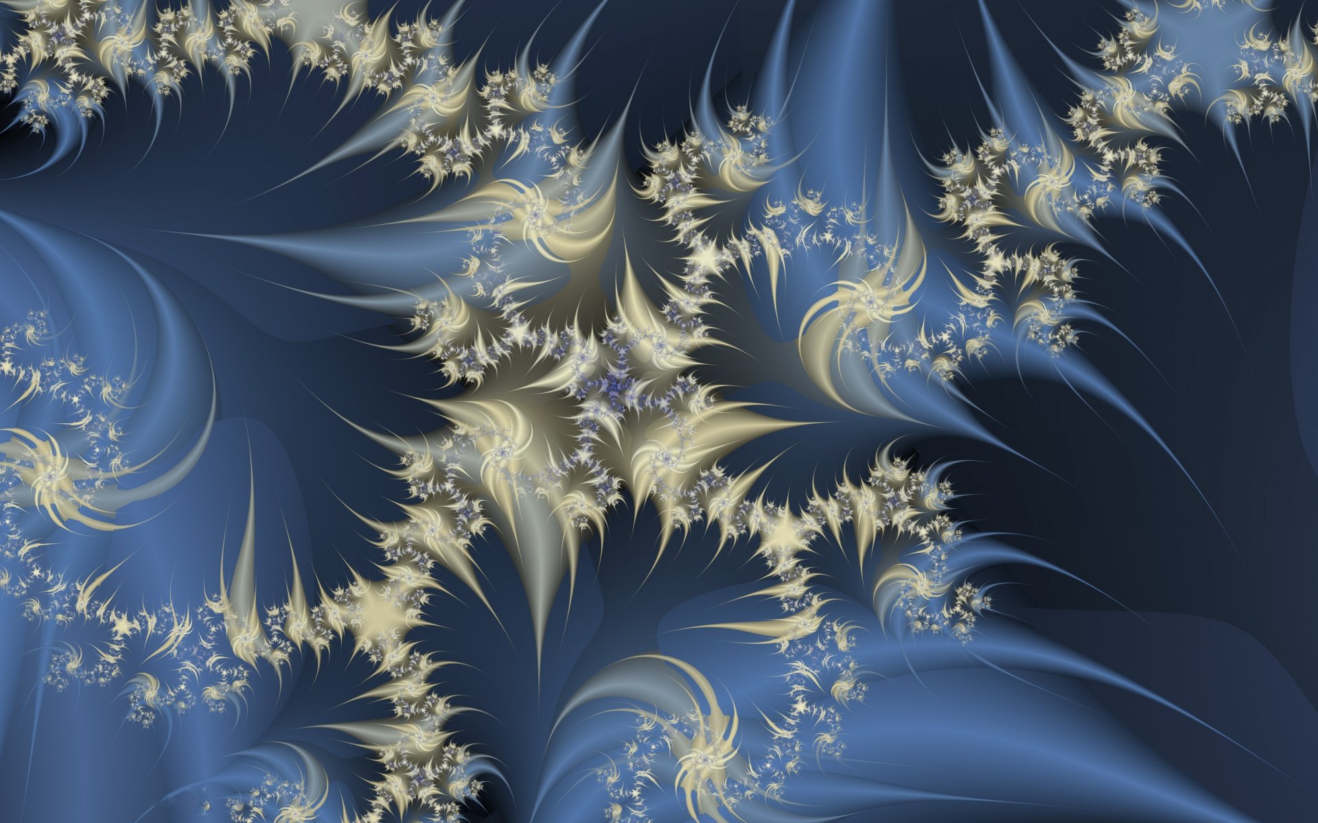 Abstract fractal design with swirling blue and gold patterns, rendered in high definition as a dynamic PC desktop wallpaper and background.
