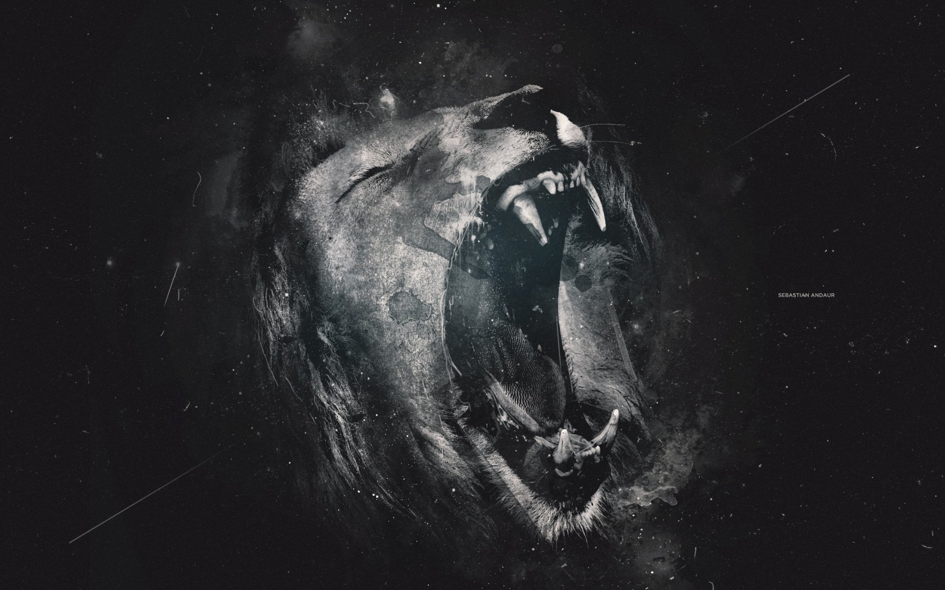 HD desktop wallpaper featuring a majestic artistic depiction of a lion's face against a dark, starry background.