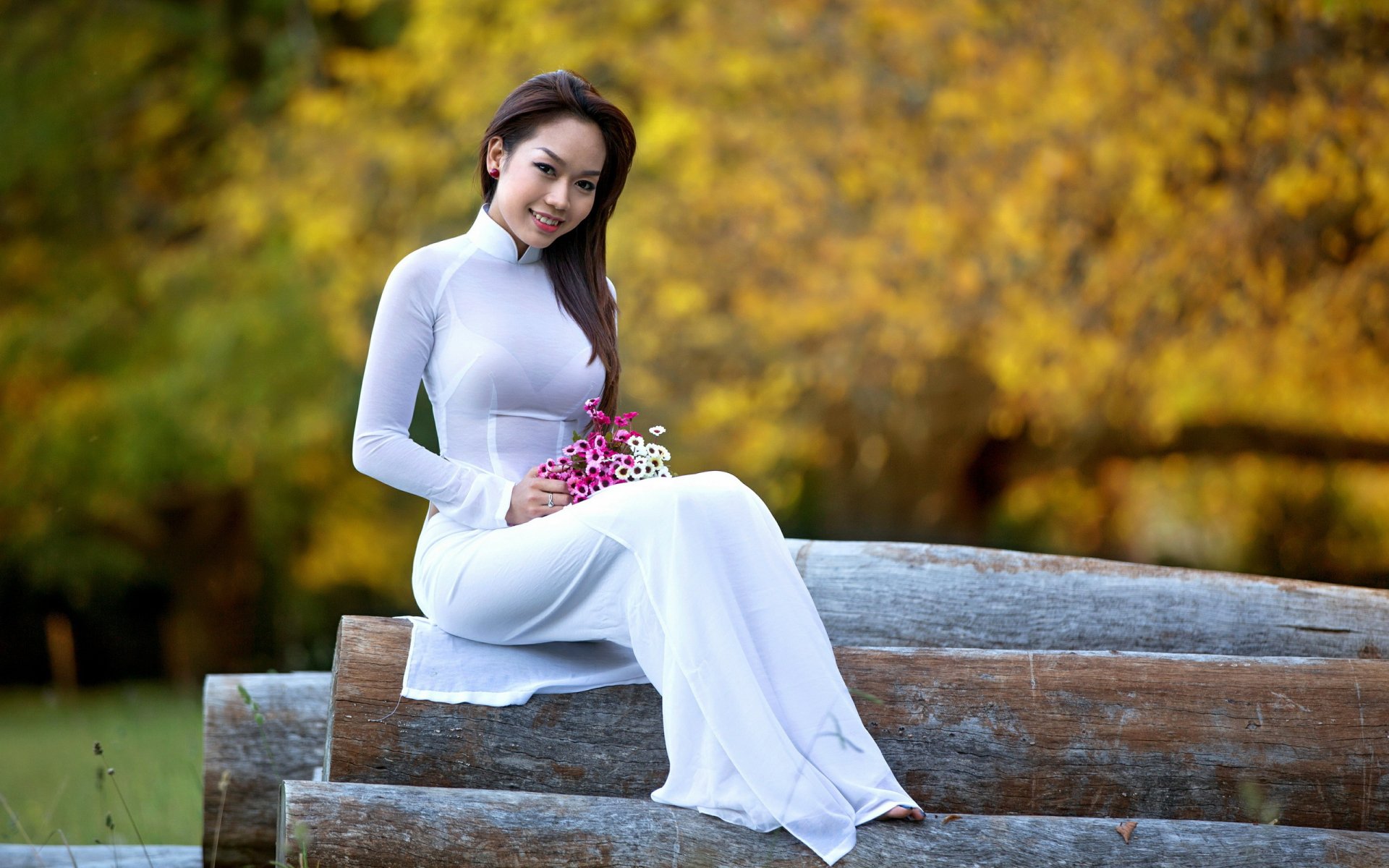 Asian woman in white dress sitting on logs holding flowers, with an autumnal background. HD desktop wallpaper.