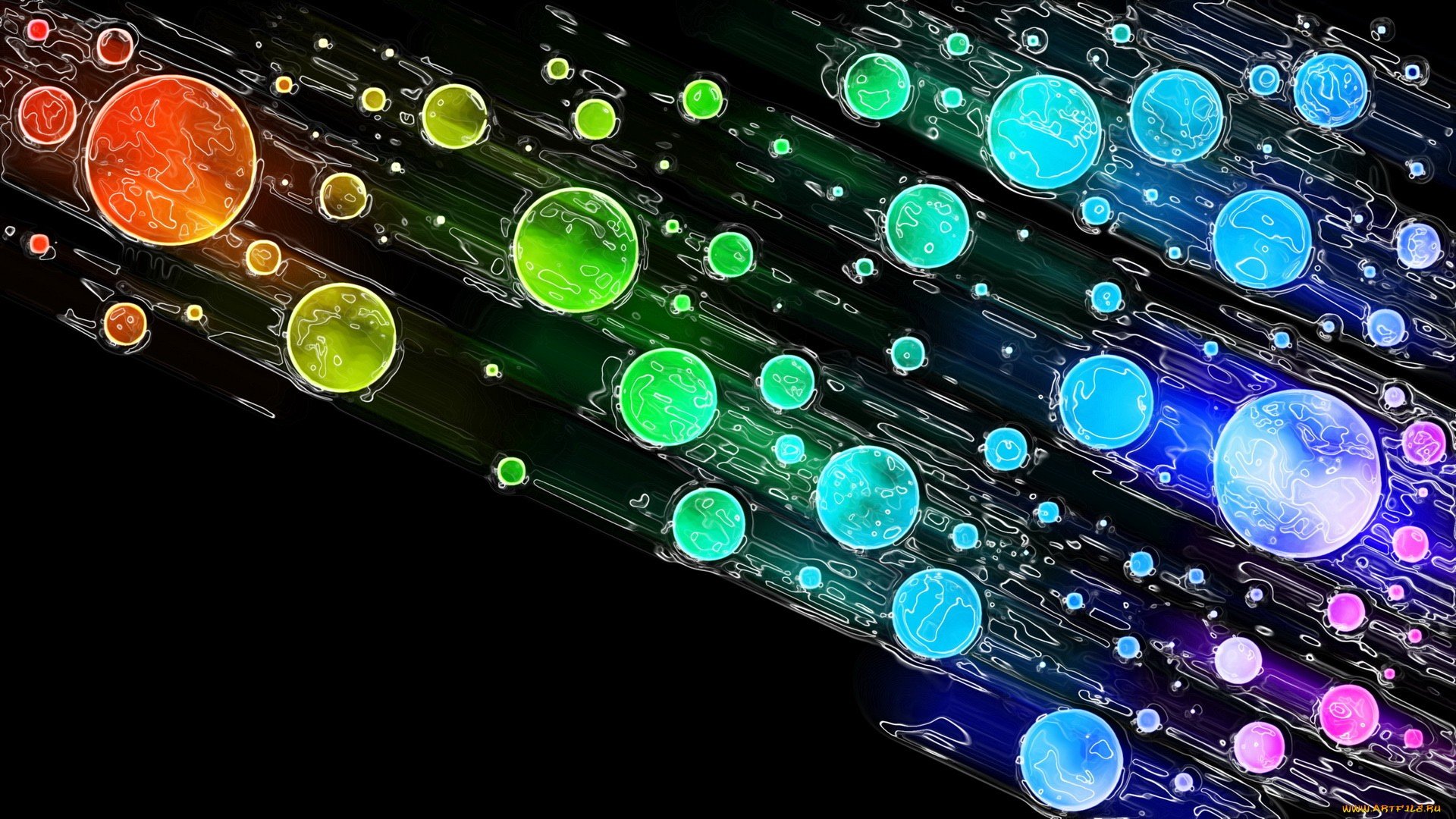 Abstract artistic design featuring vibrant, colorful spheres in motion against a dark background, creating a dynamic and visually striking HD desktop wallpaper.