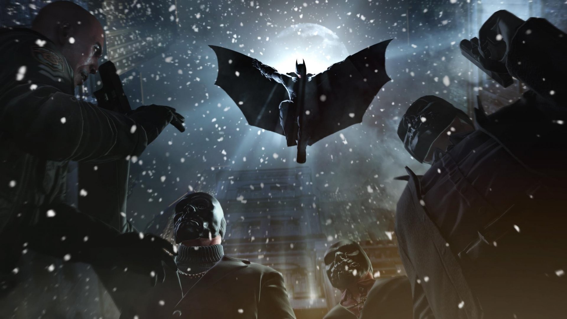 HD PC desktop wallpaper from the video game Batman: Arkham Origins — Batman descends through a snowy night, cape spread, silhouetted against a bright light as armed officers close in.